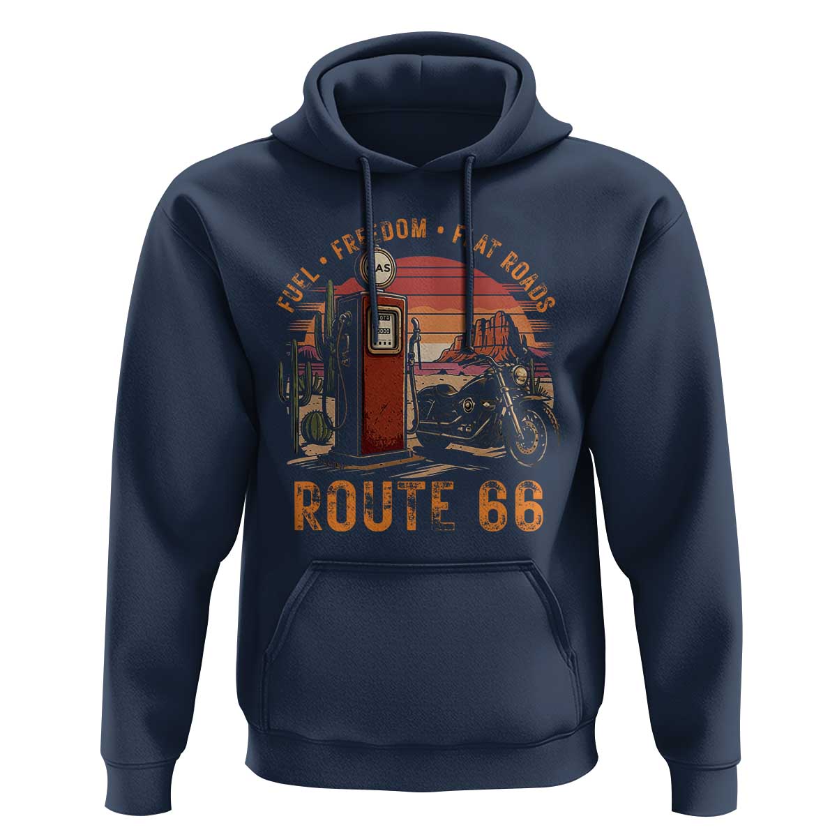 Vintage Route Highway 66 Gas Pump Hoodie Fuel Freedom Flat Roads