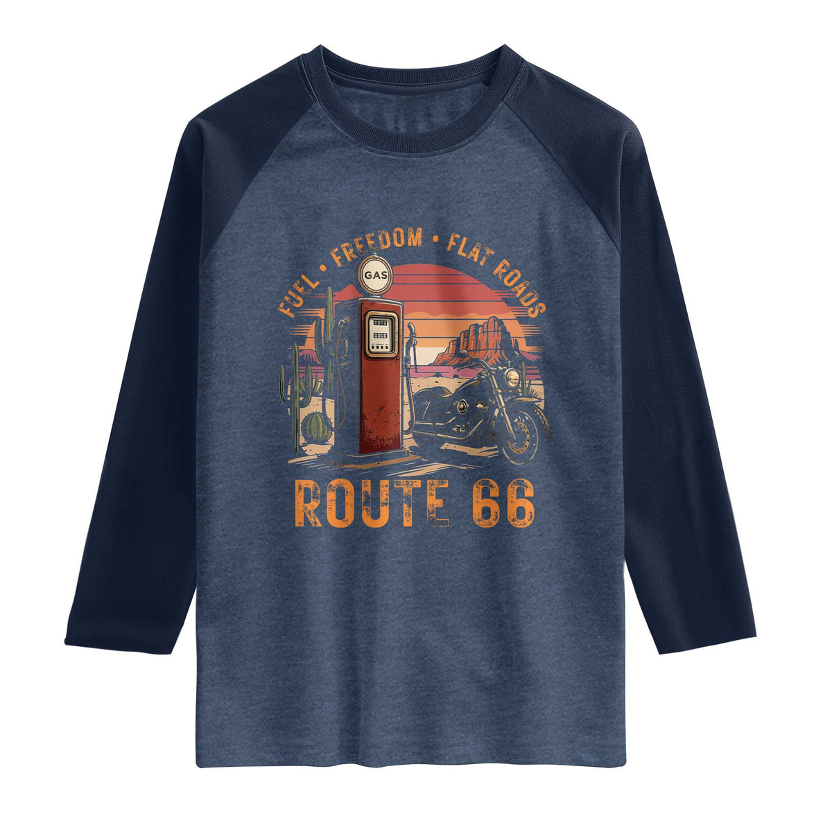 Vintage Route Highway 66 Gas Pump Raglan Shirt Fuel Freedom Flat Roads