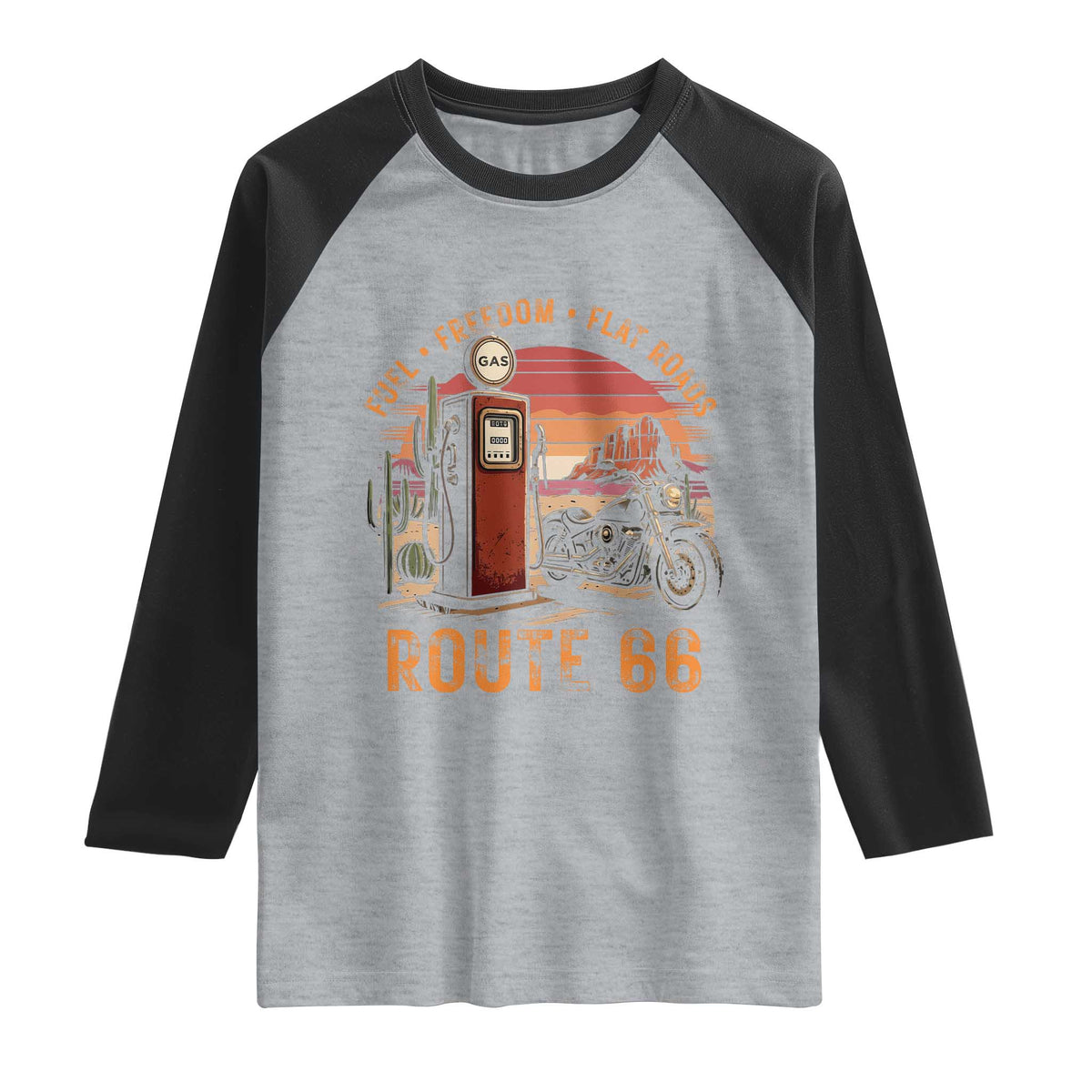 Vintage Route Highway 66 Gas Pump Raglan Shirt Fuel Freedom Flat Roads