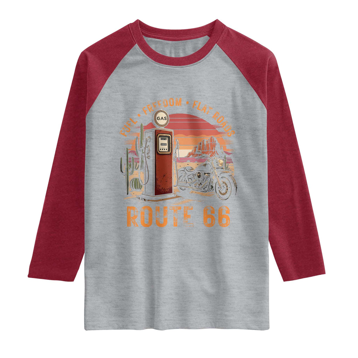 Vintage Route Highway 66 Gas Pump Raglan Shirt Fuel Freedom Flat Roads