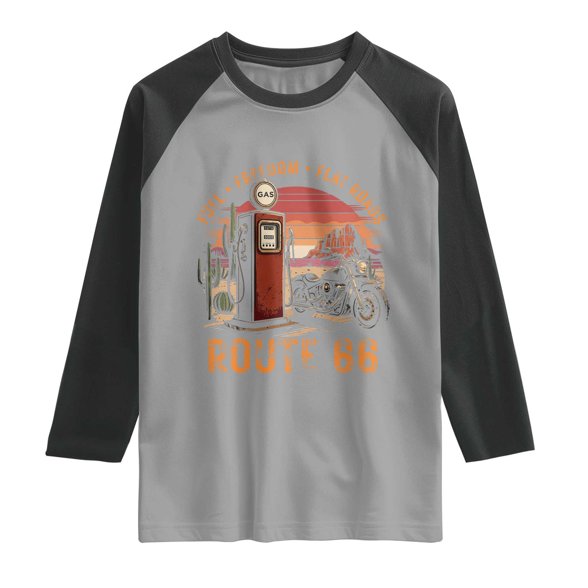 Vintage Route Highway 66 Gas Pump Raglan Shirt Fuel Freedom Flat Roads