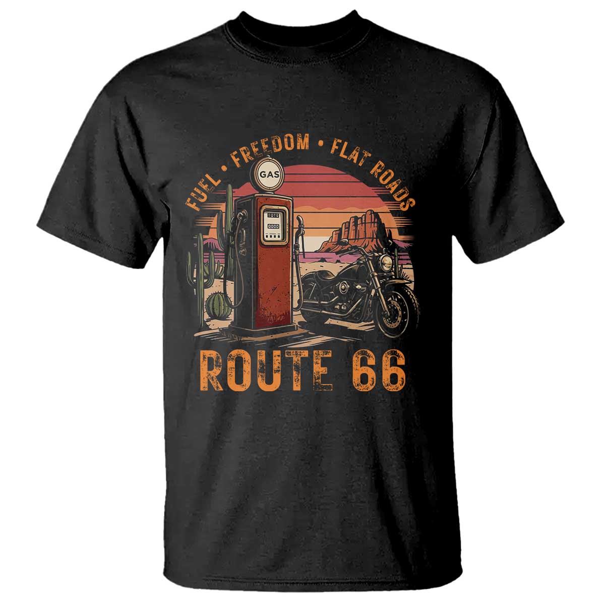 Vintage Route Highway 66 Gas Pump T Shirt Fuel Freedom Flat Roads
