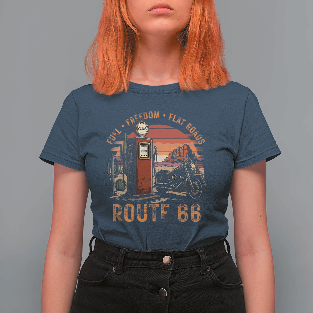 Vintage Route Highway 66 Gas Pump T Shirt For Women Fuel Freedom Flat Roads