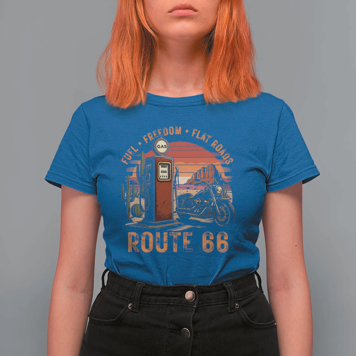 Vintage Route Highway 66 Gas Pump T Shirt For Women Fuel Freedom Flat Roads