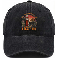 Vintage Route Highway 66 Gas Pump Washed Cotton Baseball Cap Fuel Freedom Flat Roads