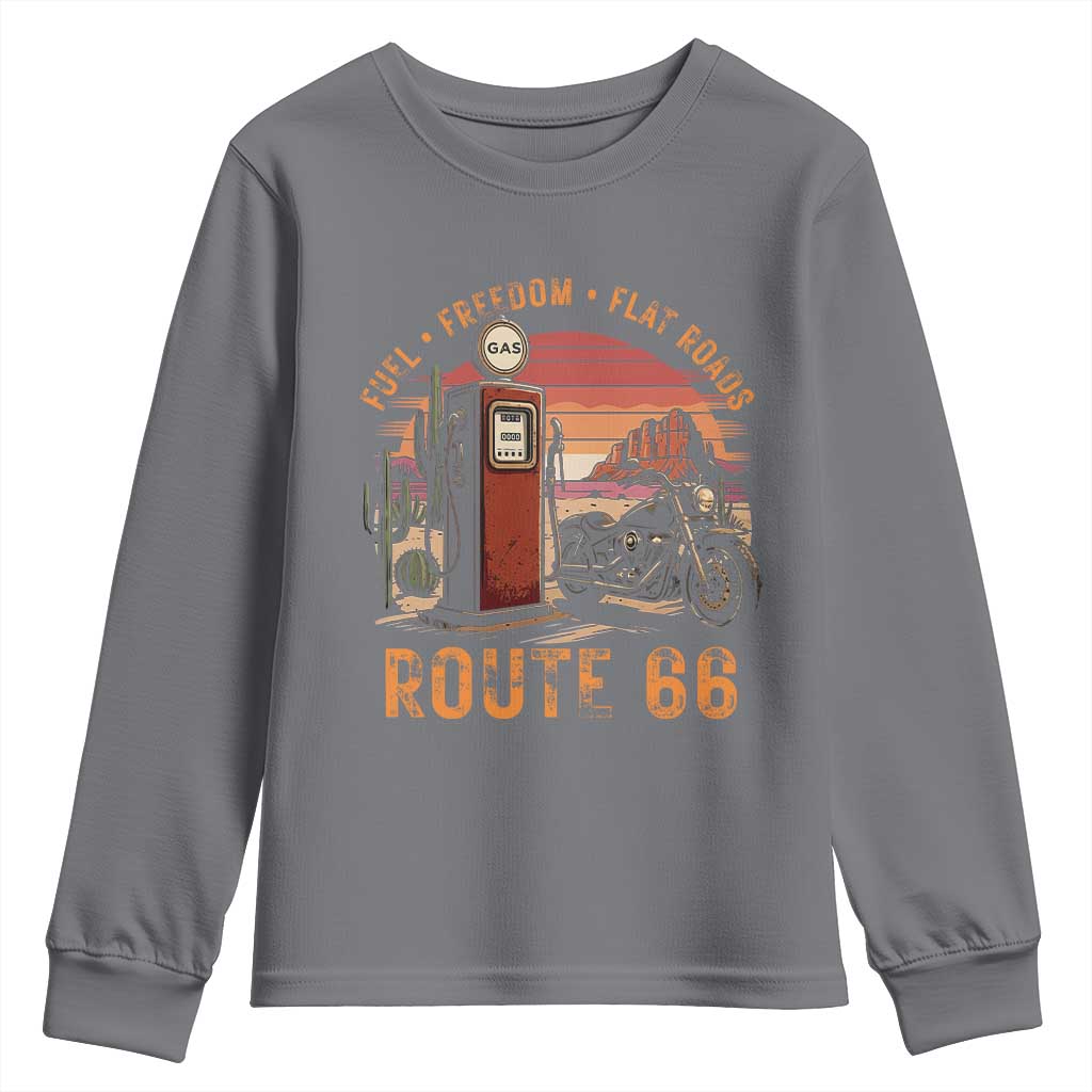 Vintage Route Highway 66 Gas Pump Youth Sweatshirt Fuel Freedom Flat Roads
