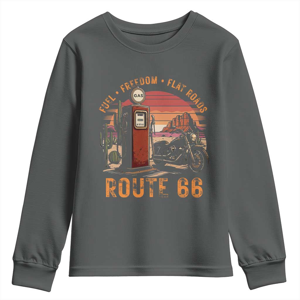 Vintage Route Highway 66 Gas Pump Youth Sweatshirt Fuel Freedom Flat Roads