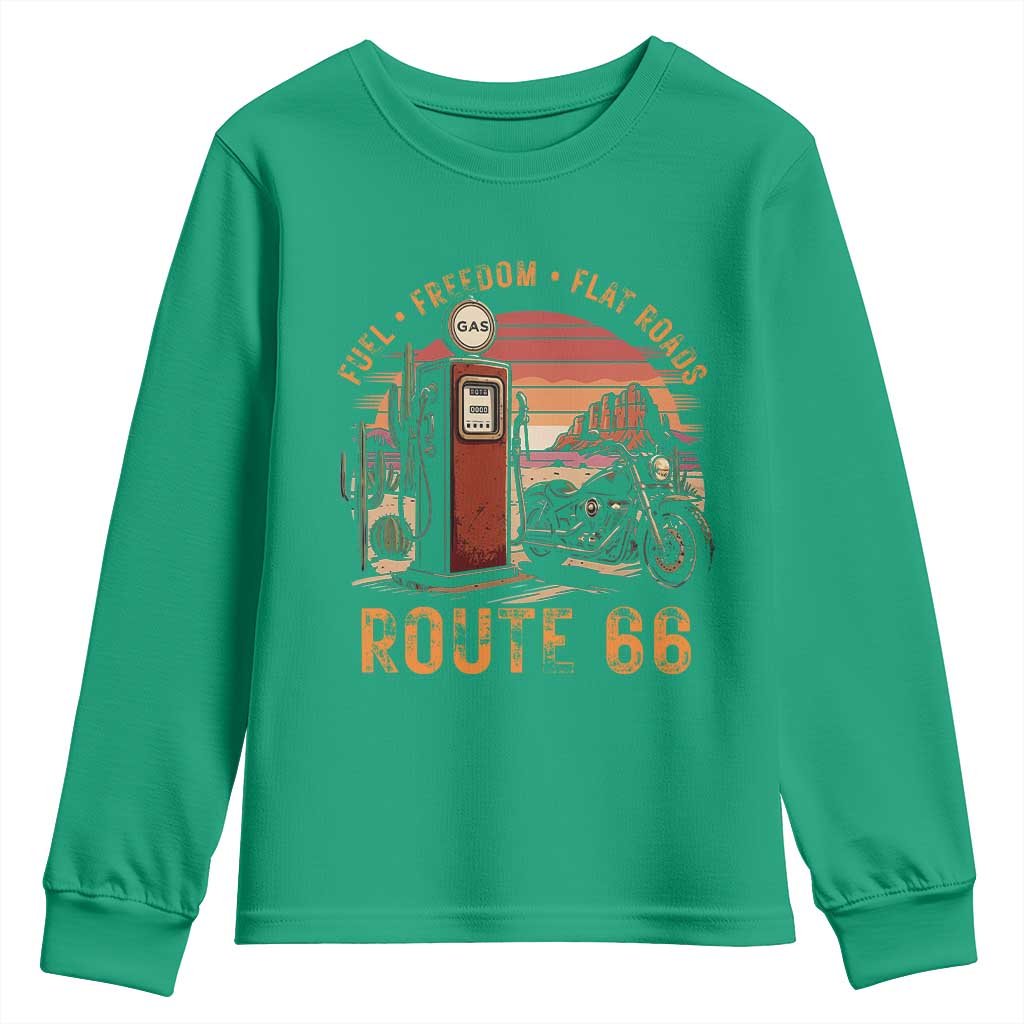 Vintage Route Highway 66 Gas Pump Youth Sweatshirt Fuel Freedom Flat Roads