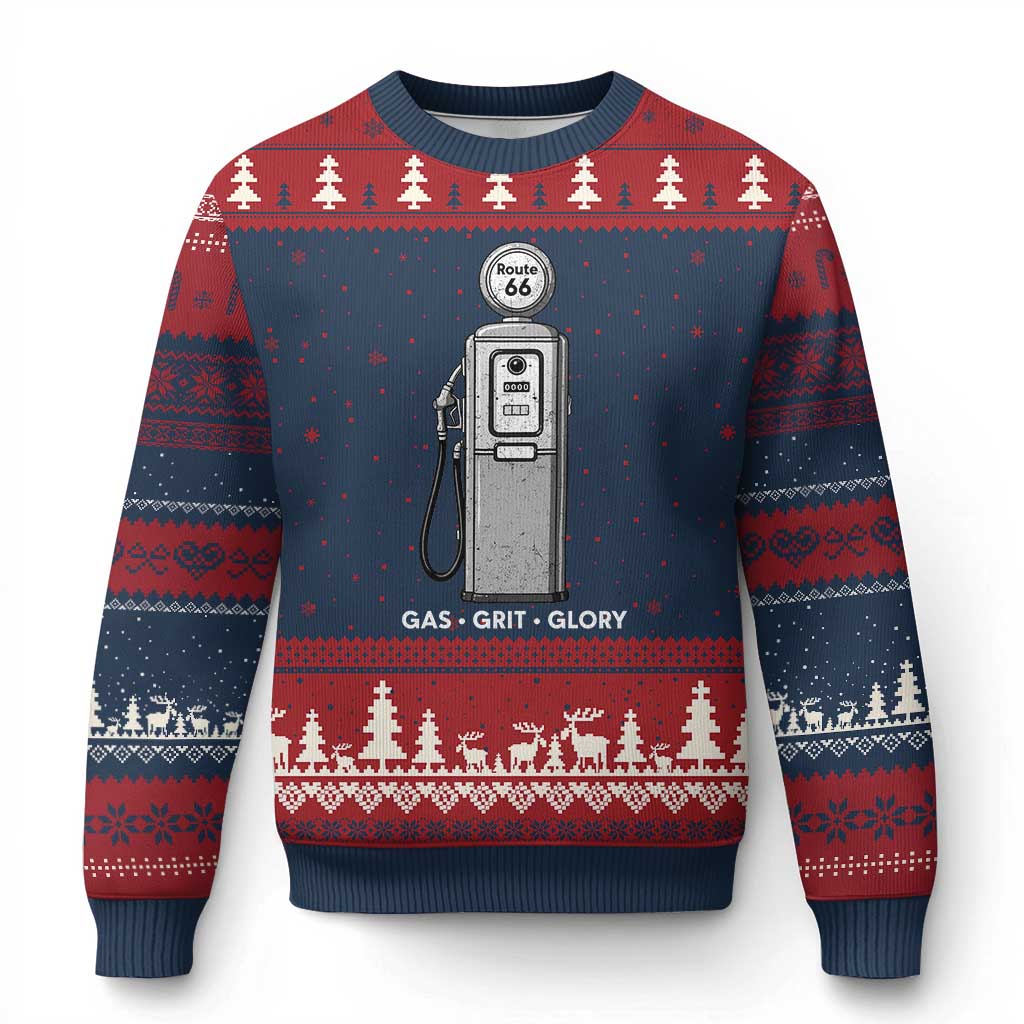 Route Highway 66 Americana Road Trip Ugly Christmas Sweater Gas Grill Glory
