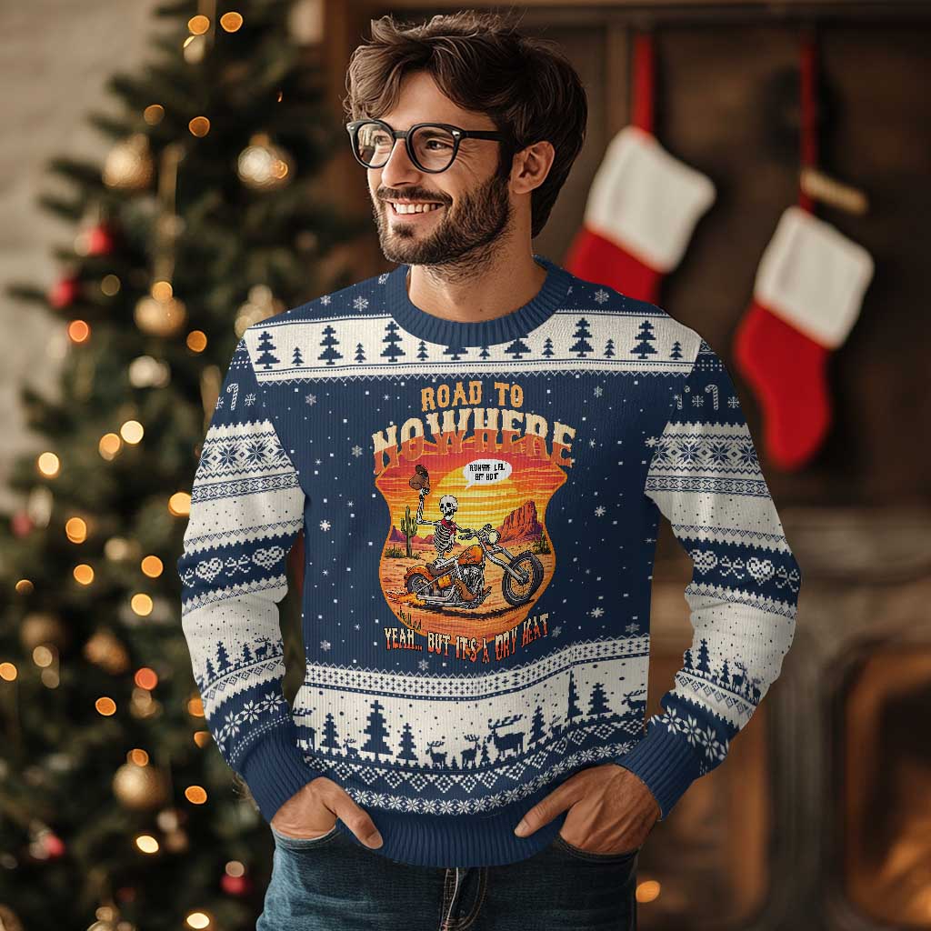 Funny Route Highway 66 Biker Skeleton Ugly Christmas Sweater Road To Adventure