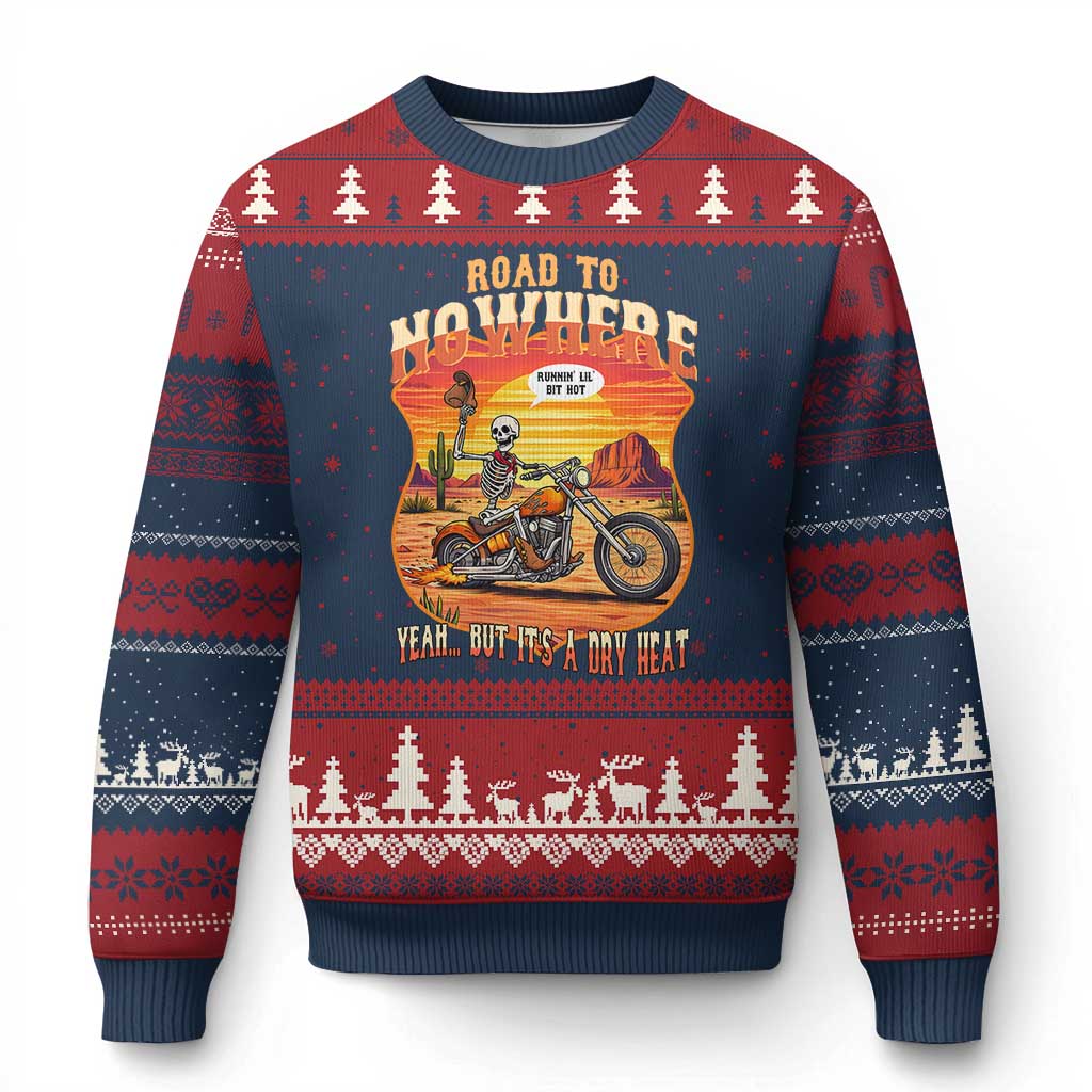 Funny Route Highway 66 Biker Skeleton Ugly Christmas Sweater Road To Adventure