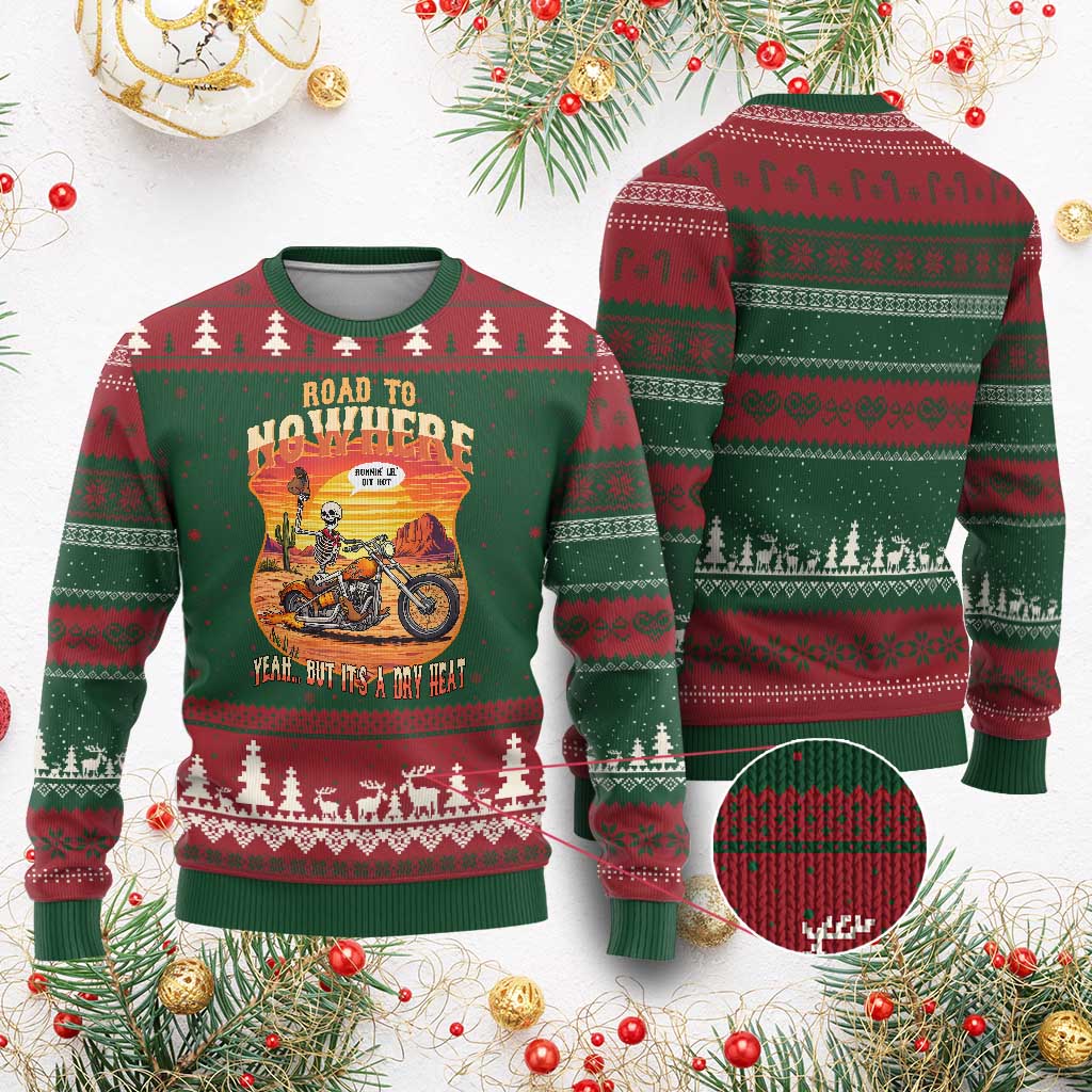 Funny Route Highway 66 Biker Skeleton Ugly Christmas Sweater Road To Adventure