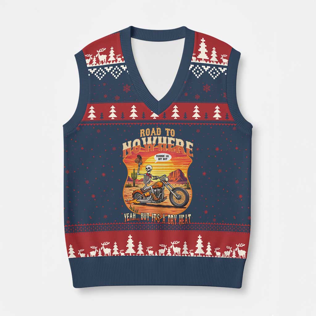 Funny Route Highway 66 Biker Skeleton V-Neck Knit Sweater Vest Road To Adventure
