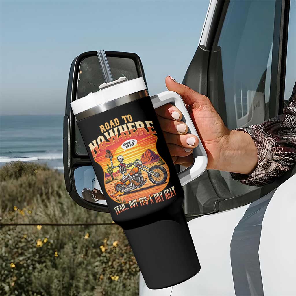 Funny Route Highway 66 Biker Skeleton Tumbler With Handle Road To Adventure