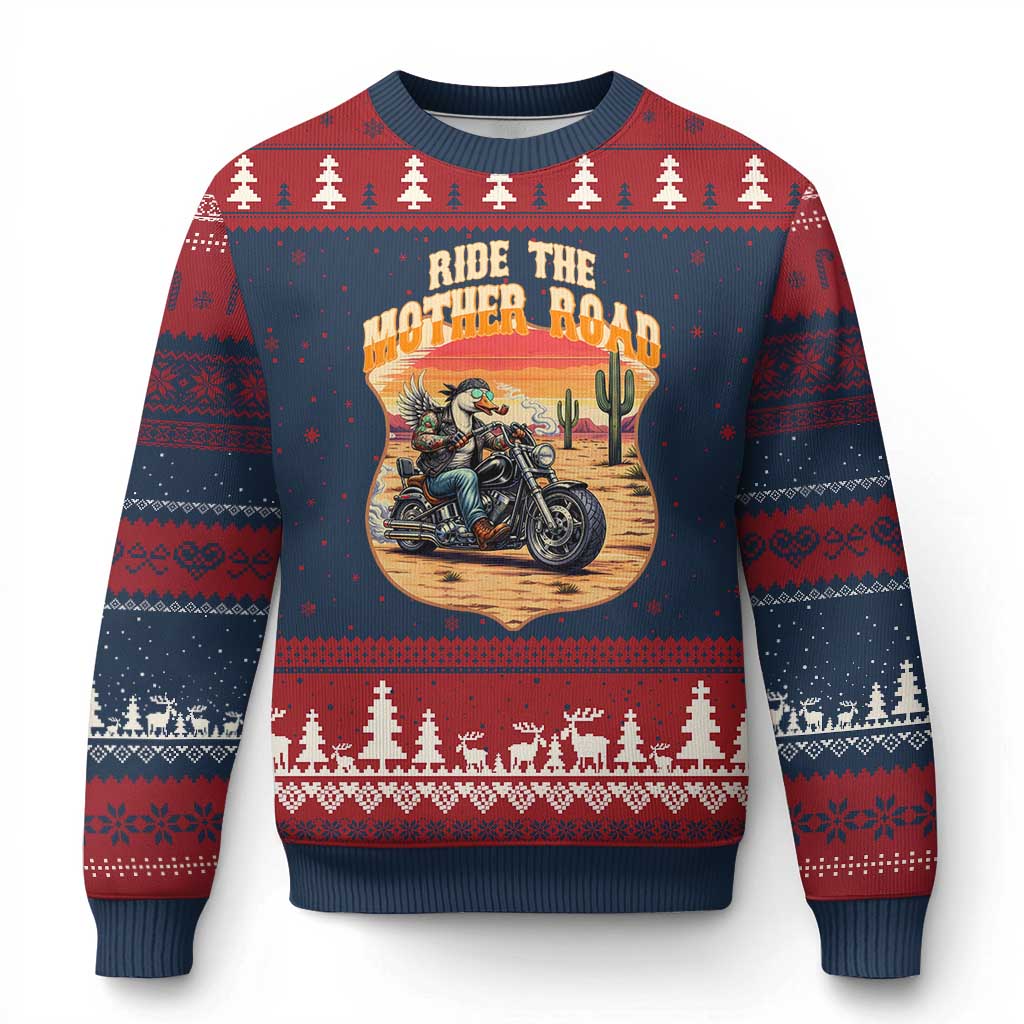 Funny Route Highway 66 Goose Biker Ugly Christmas Sweater Ride The Mother Road