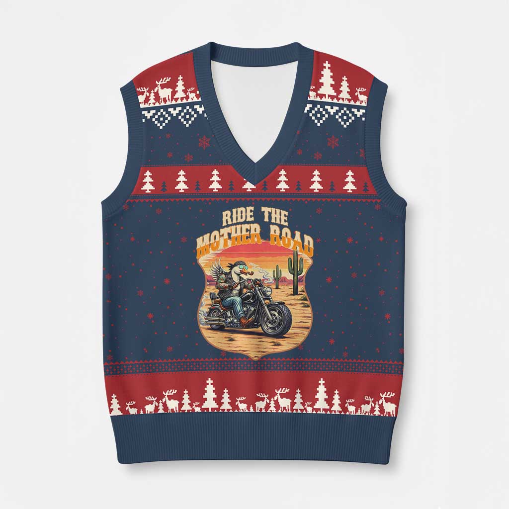 Funny Route Highway 66 Goose Biker V-Neck Knit Sweater Vest Ride The Mother Road