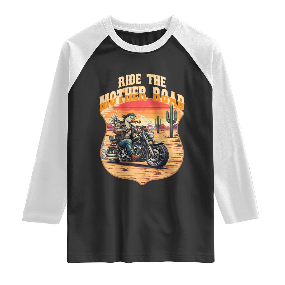 Funny Route Highway 66 Goose Biker Raglan Shirt Ride The Mother Road