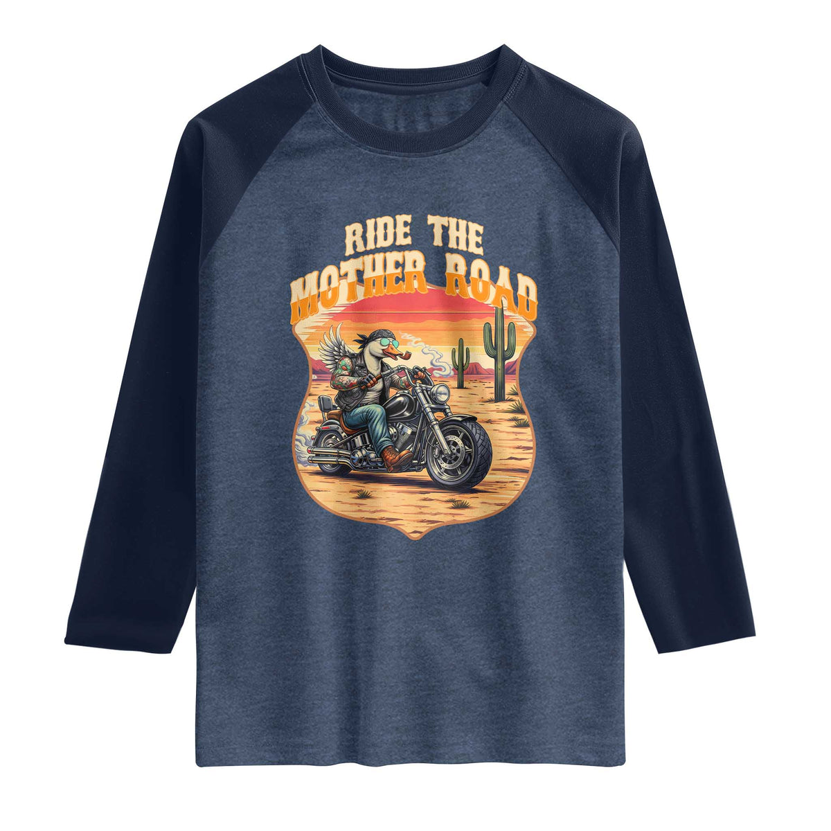 Funny Route Highway 66 Goose Biker Raglan Shirt Ride The Mother Road