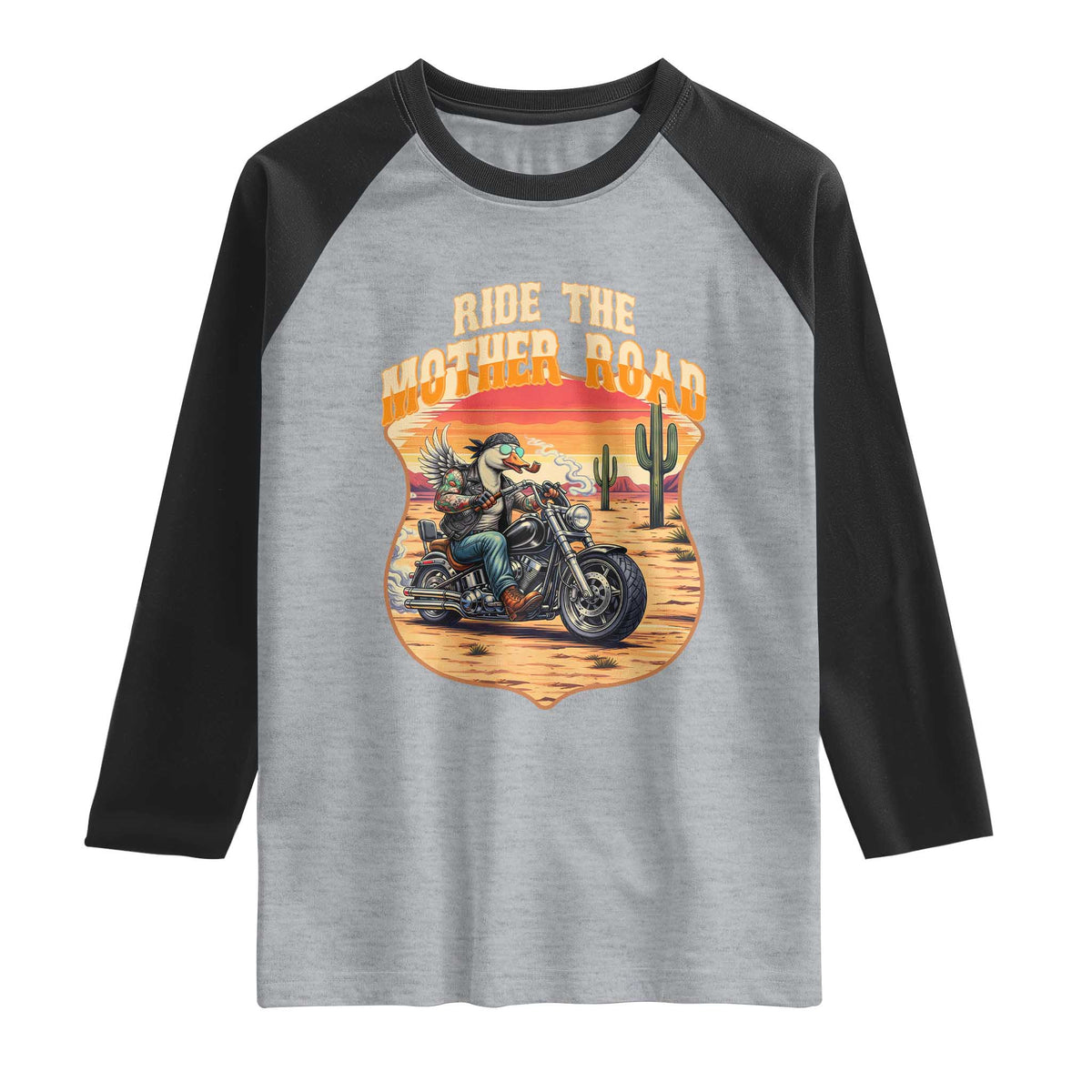Funny Route Highway 66 Goose Biker Raglan Shirt Ride The Mother Road