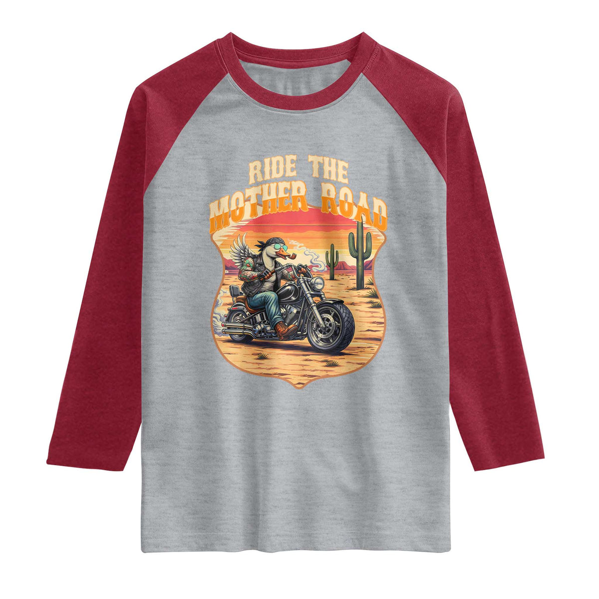 Funny Route Highway 66 Goose Biker Raglan Shirt Ride The Mother Road
