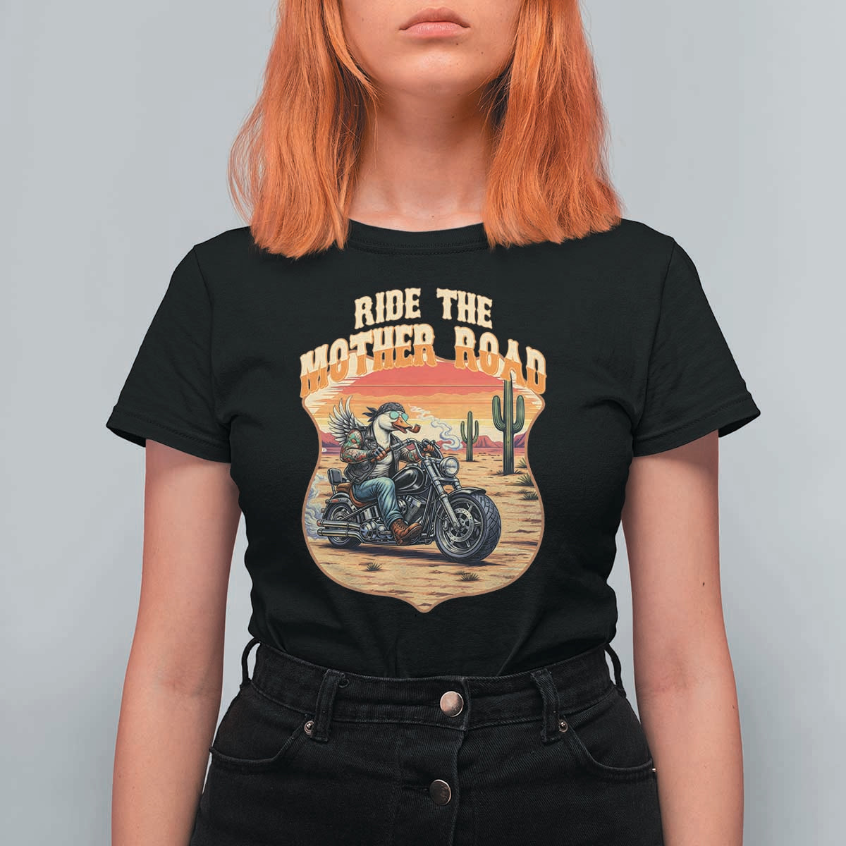 Funny Route Highway 66 Goose Biker T Shirt For Women Ride The Mother Road