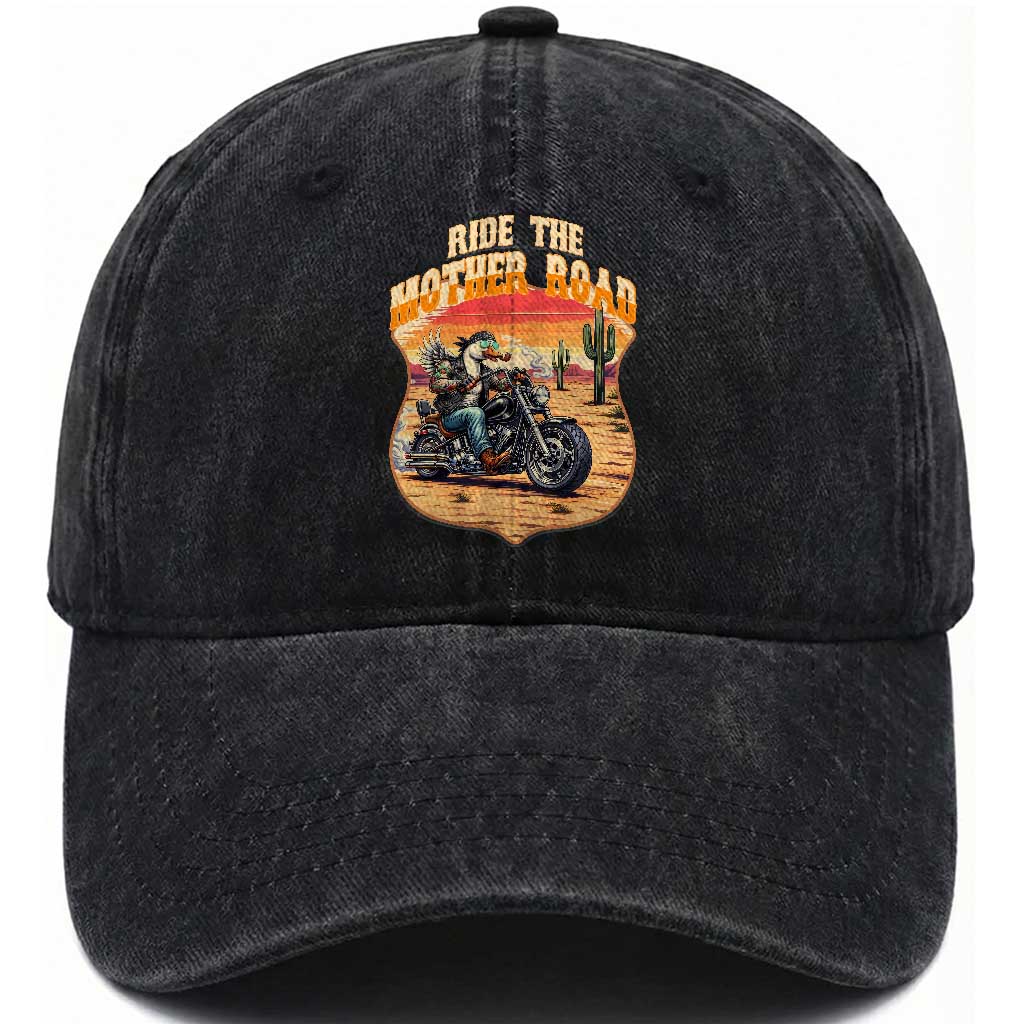 Funny Route Highway 66 Goose Biker Washed Cotton Baseball Cap Ride The Mother Road