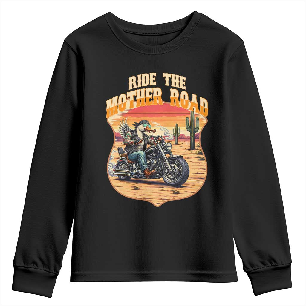 Funny Route Highway 66 Goose Biker Youth Sweatshirt Ride The Mother Road