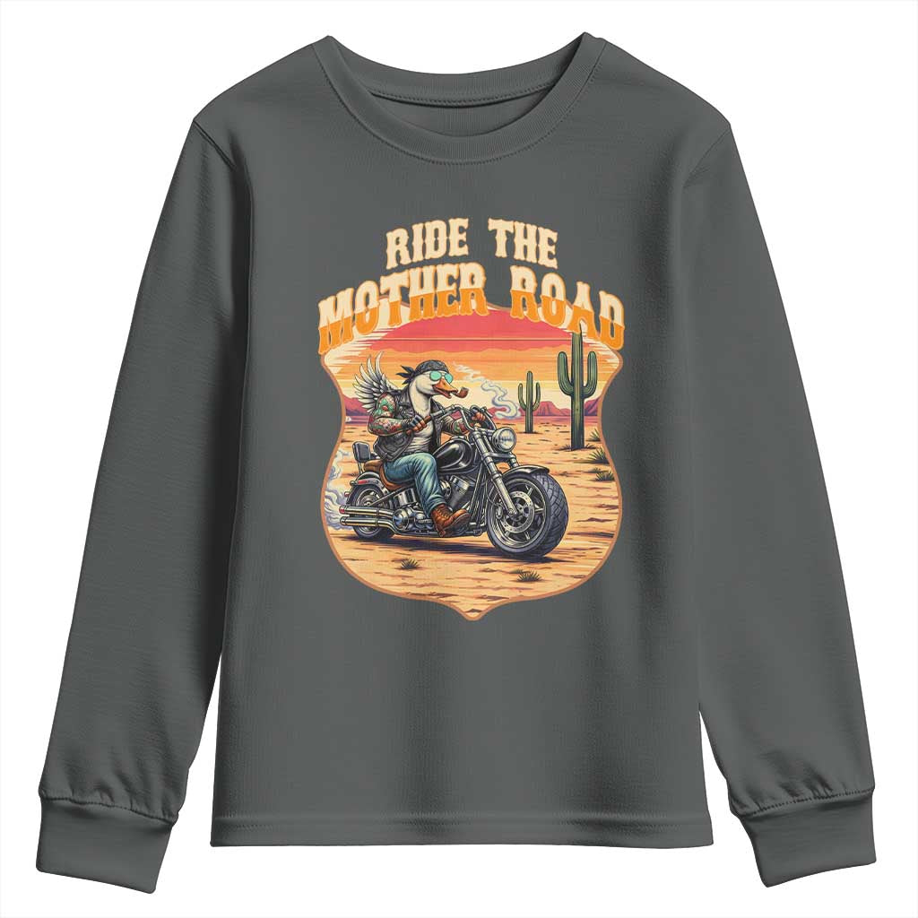 Funny Route Highway 66 Goose Biker Youth Sweatshirt Ride The Mother Road