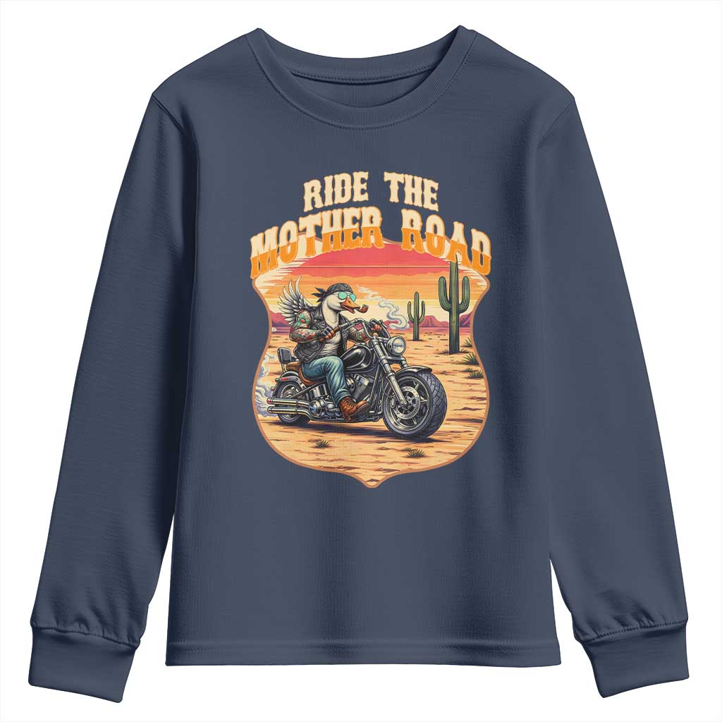 Funny Route Highway 66 Goose Biker Youth Sweatshirt Ride The Mother Road