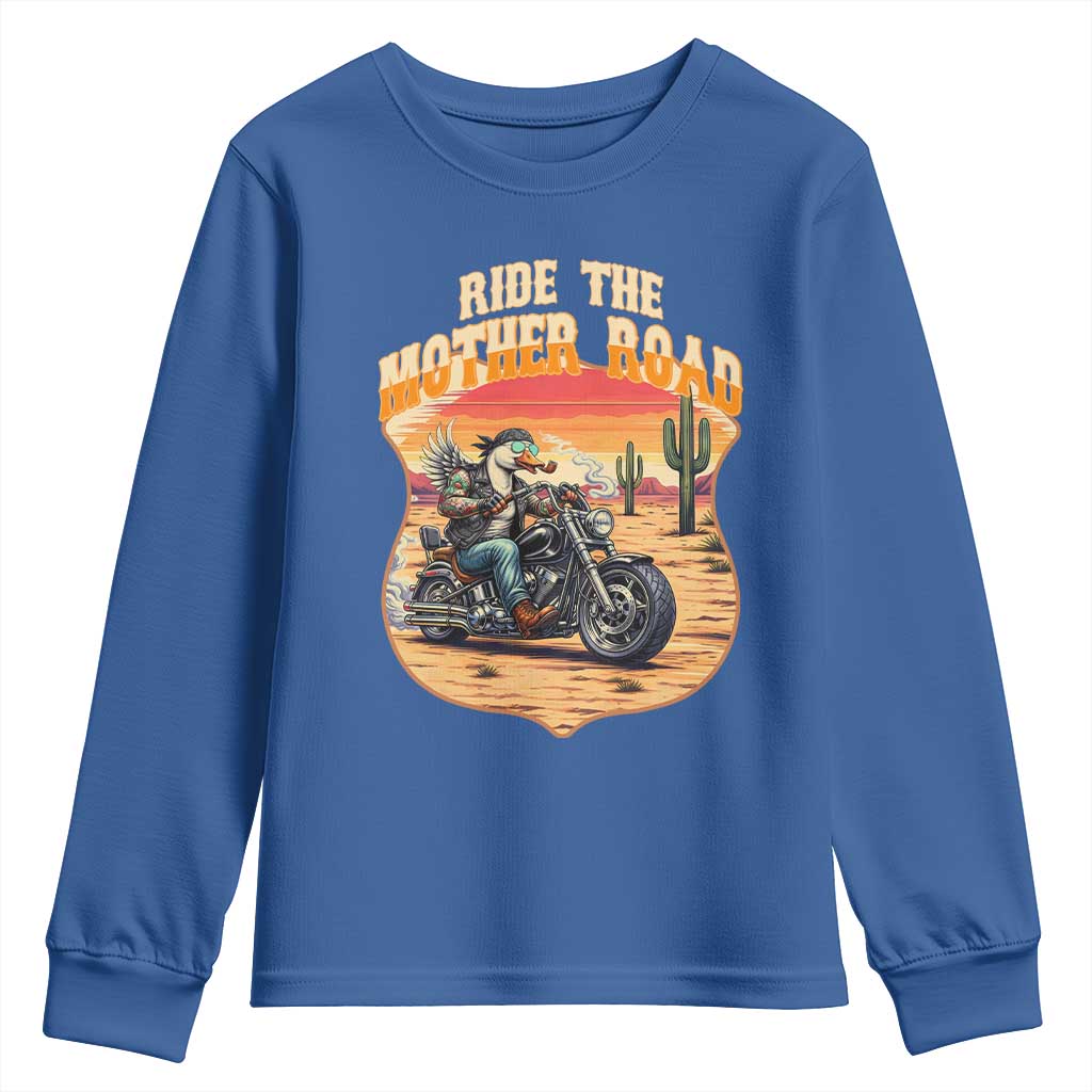 Funny Route Highway 66 Goose Biker Youth Sweatshirt Ride The Mother Road
