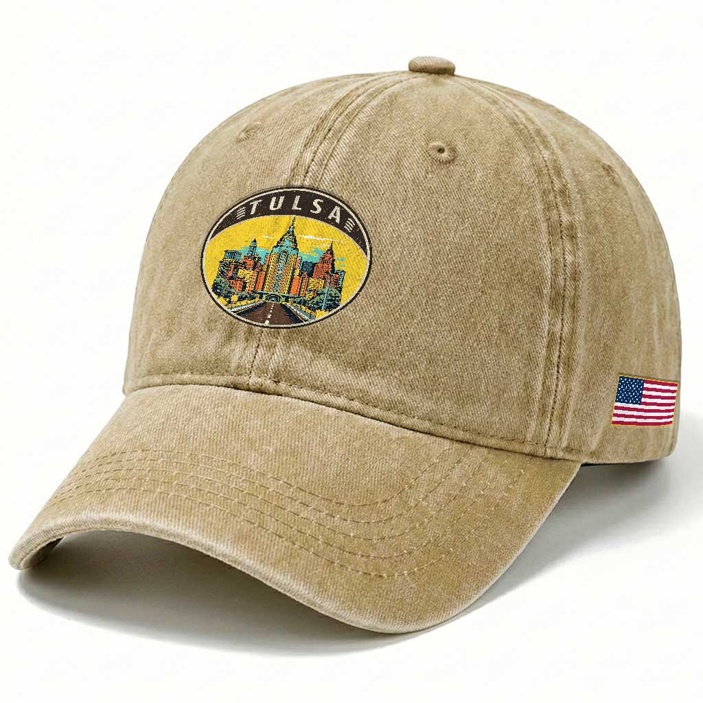 Vintage Tulsa Oklahoma Cityscape Pride Washed Cotton Baseball Cap