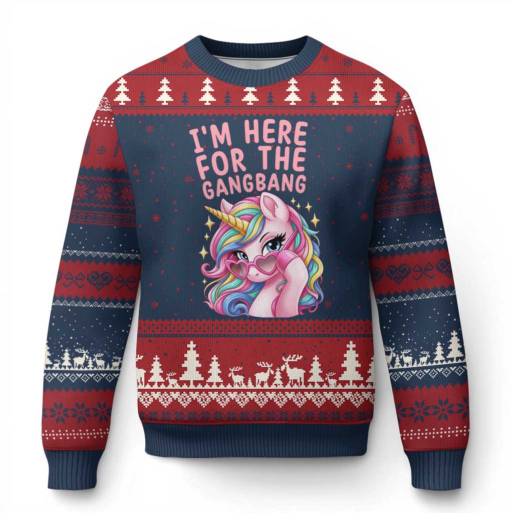 Funny Adult Humor Ugly Christmas Sweater I Am Here For The Gangb*ng