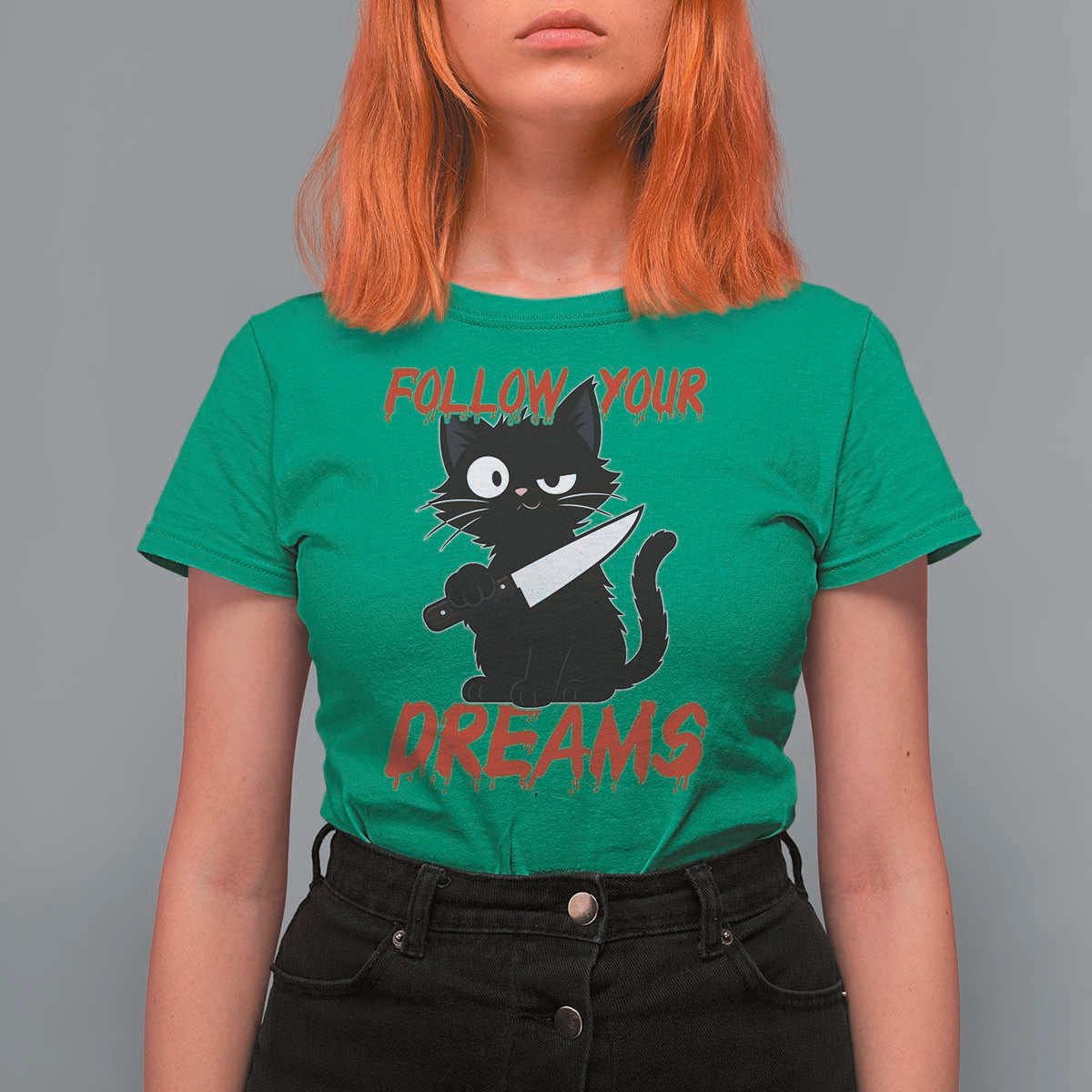 Killer Black Cat Halloween T Shirt For Women Follow Your Dreams - Wonder Print Shop