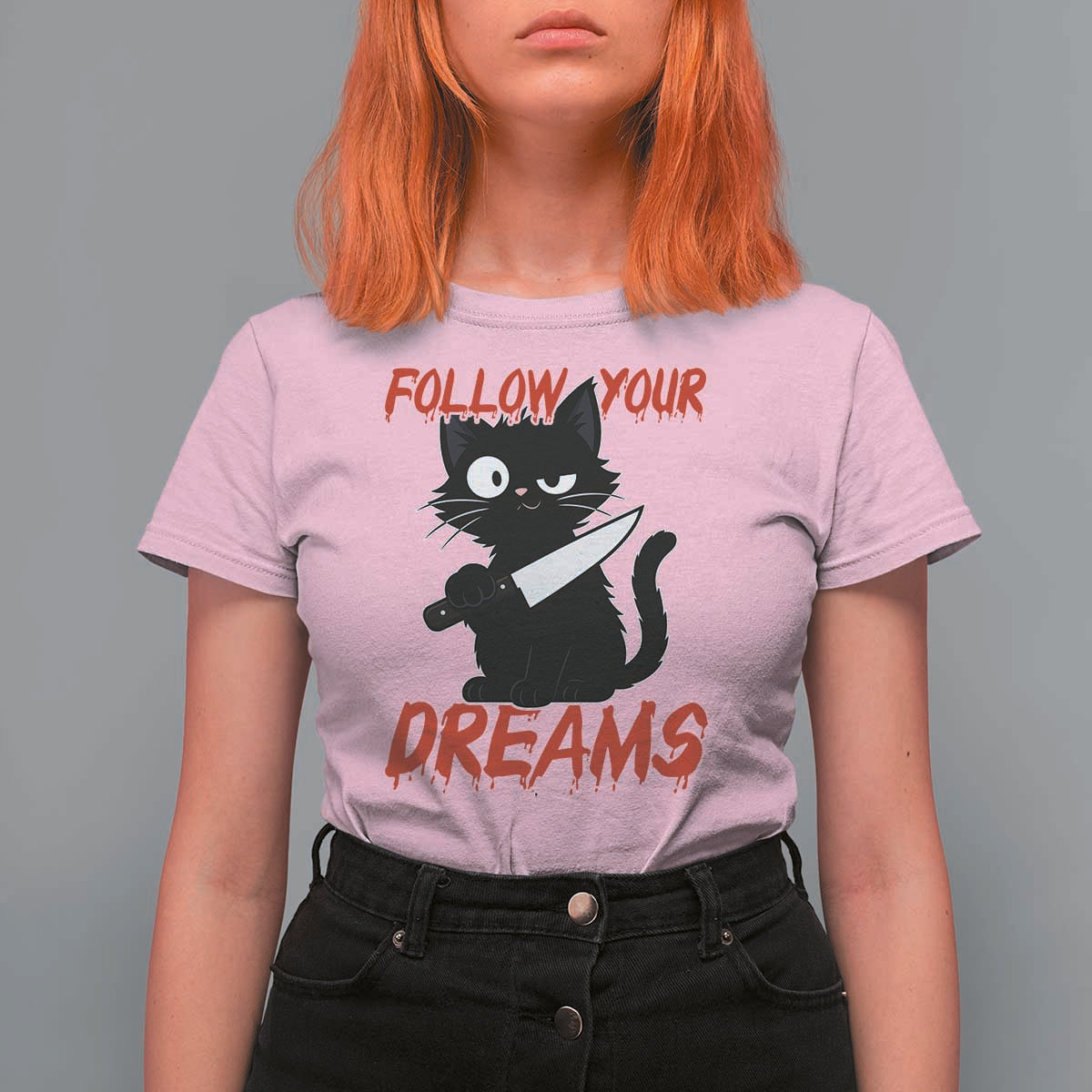 Killer Black Cat Halloween T Shirt For Women Follow Your Dreams - Wonder Print Shop