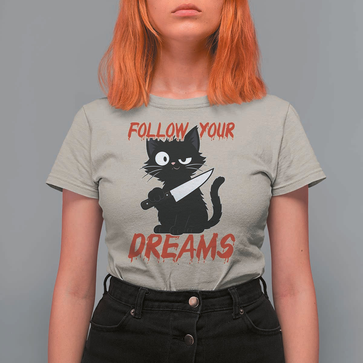 Killer Black Cat Halloween T Shirt For Women Follow Your Dreams - Wonder Print Shop