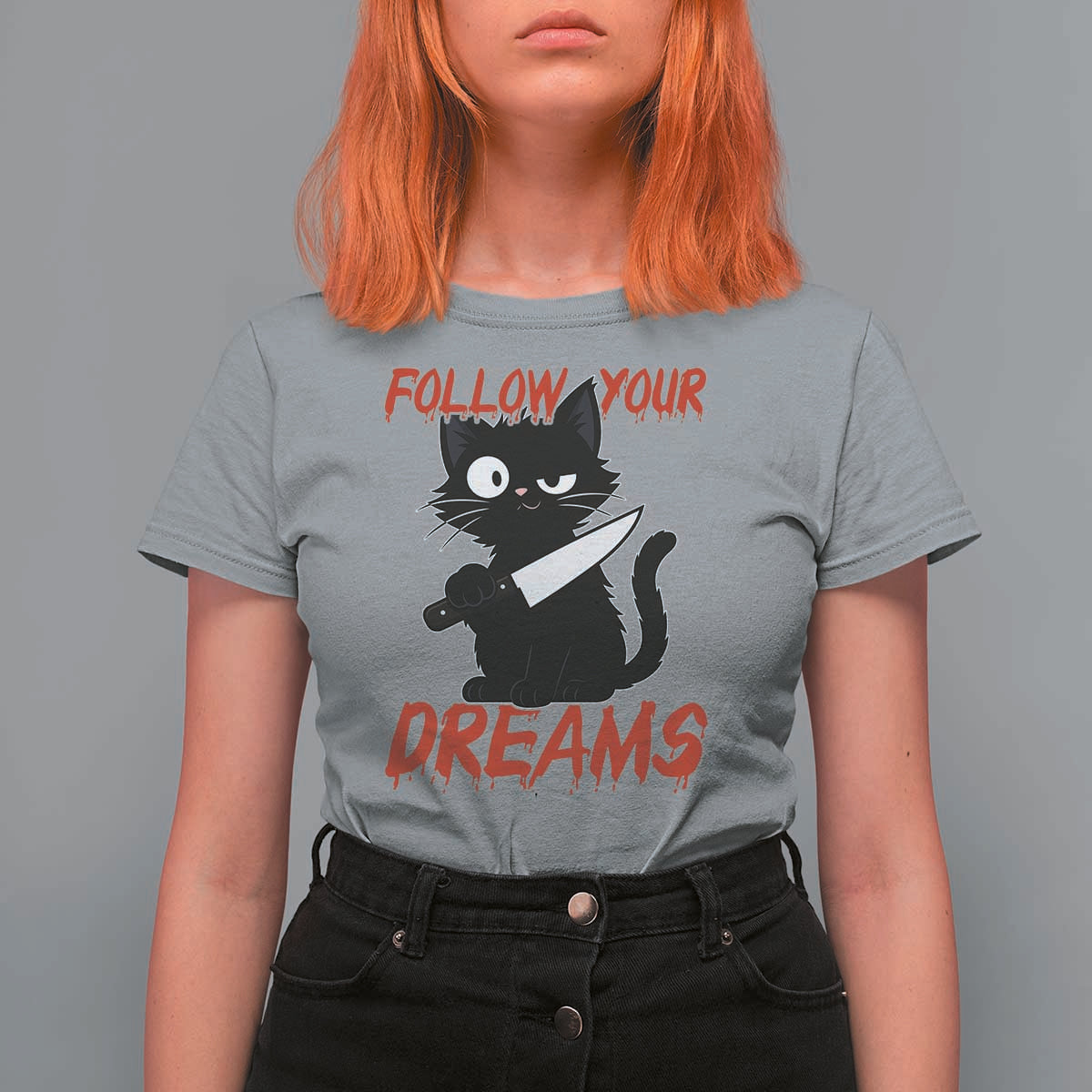 Killer Black Cat Halloween T Shirt For Women Follow Your Dreams - Wonder Print Shop