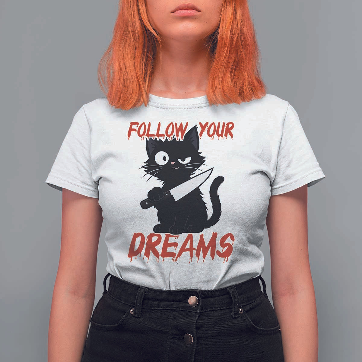 Killer Black Cat Halloween T Shirt For Women Follow Your Dreams - Wonder Print Shop
