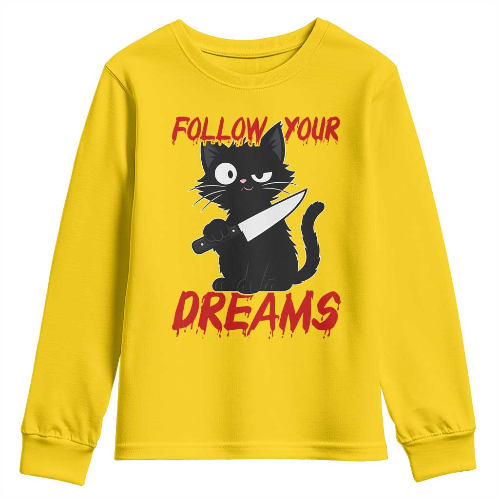 Killer Black Cat Halloween Youth Sweatshirt Follow Your Dreams - Wonder Print Shop
