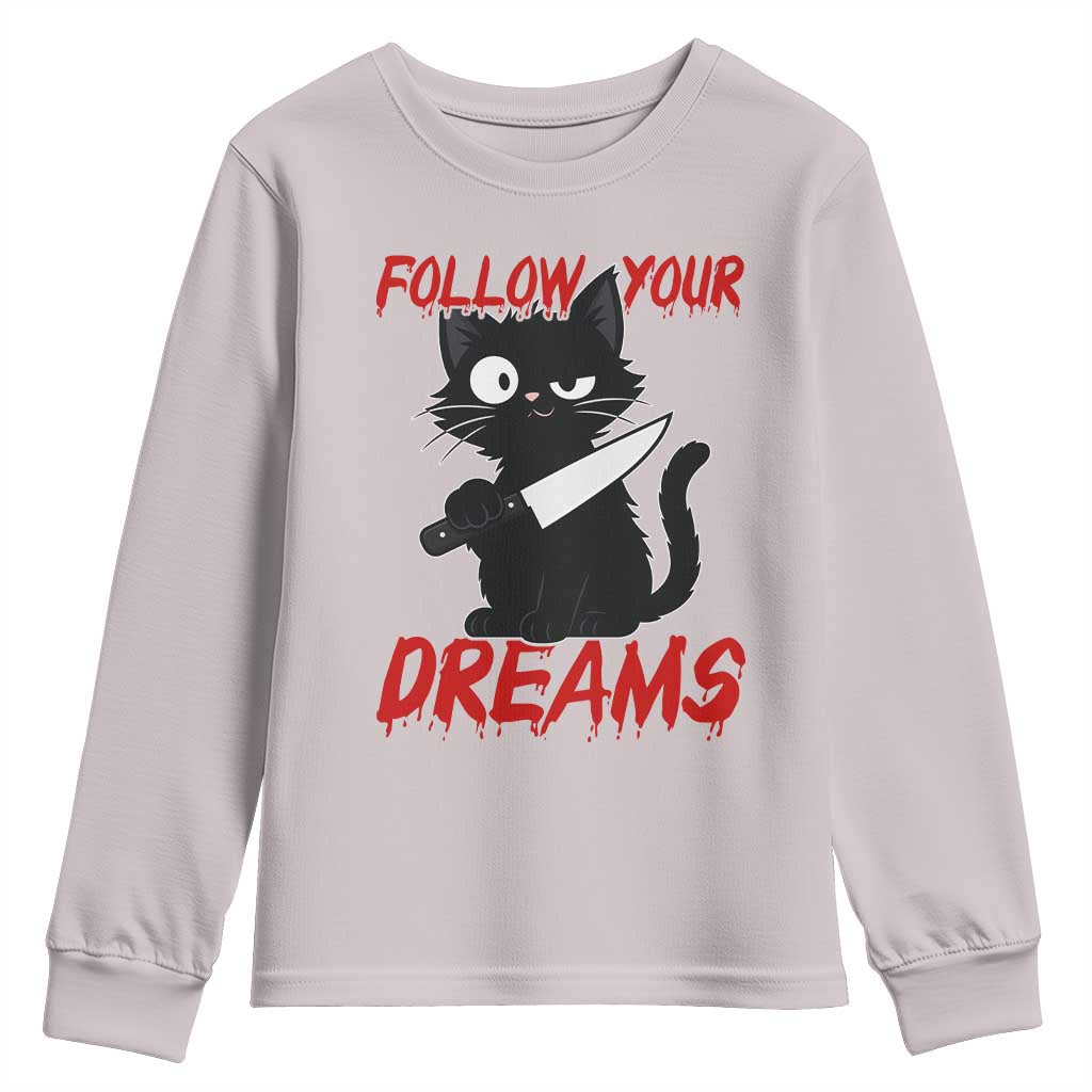 Killer Black Cat Halloween Youth Sweatshirt Follow Your Dreams - Wonder Print Shop