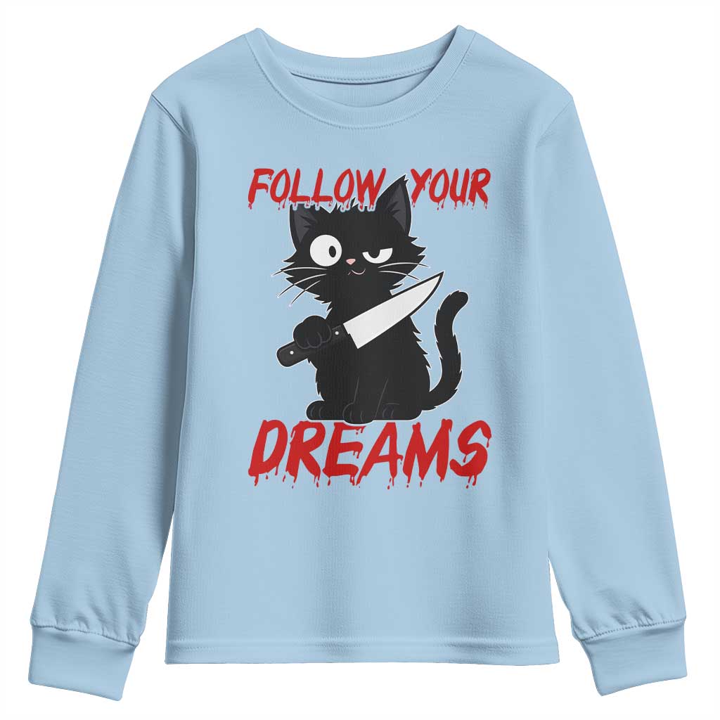 Killer Black Cat Halloween Youth Sweatshirt Follow Your Dreams - Wonder Print Shop