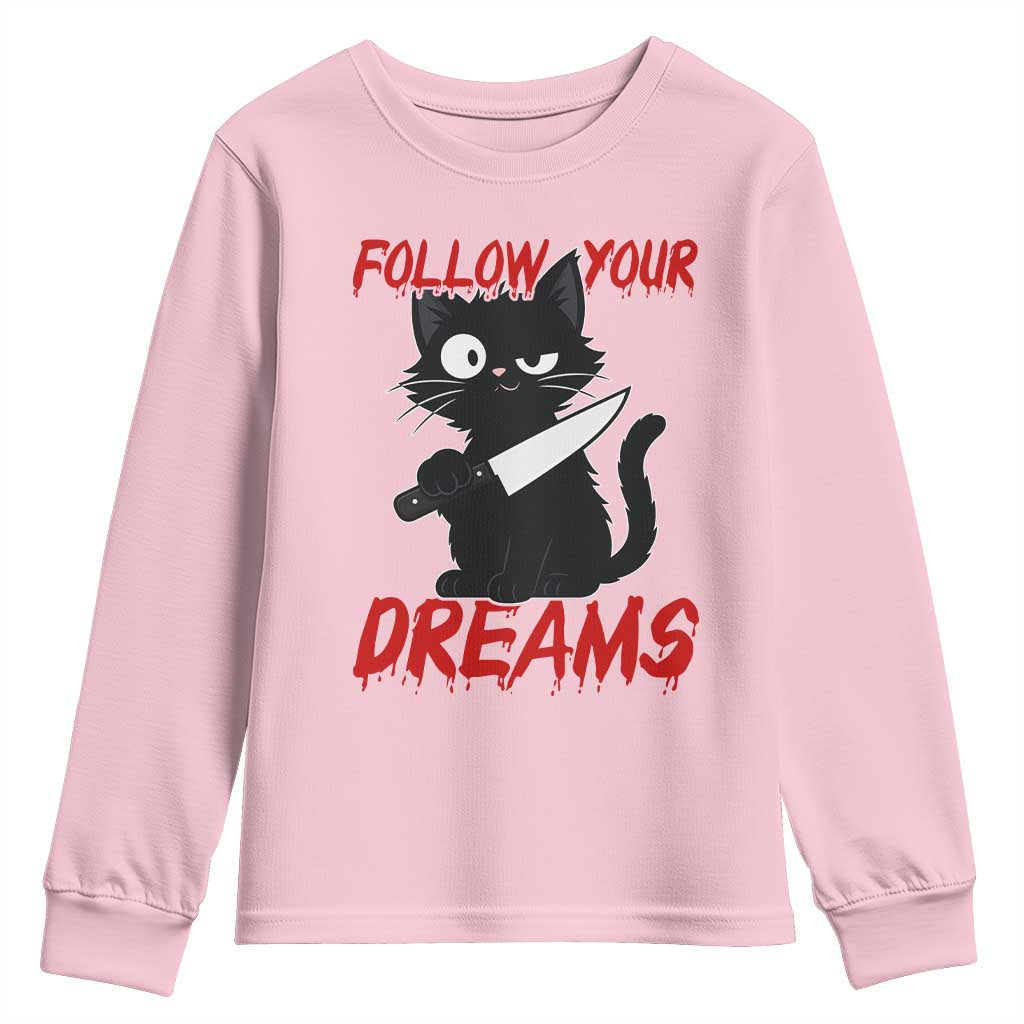 Killer Black Cat Halloween Youth Sweatshirt Follow Your Dreams - Wonder Print Shop