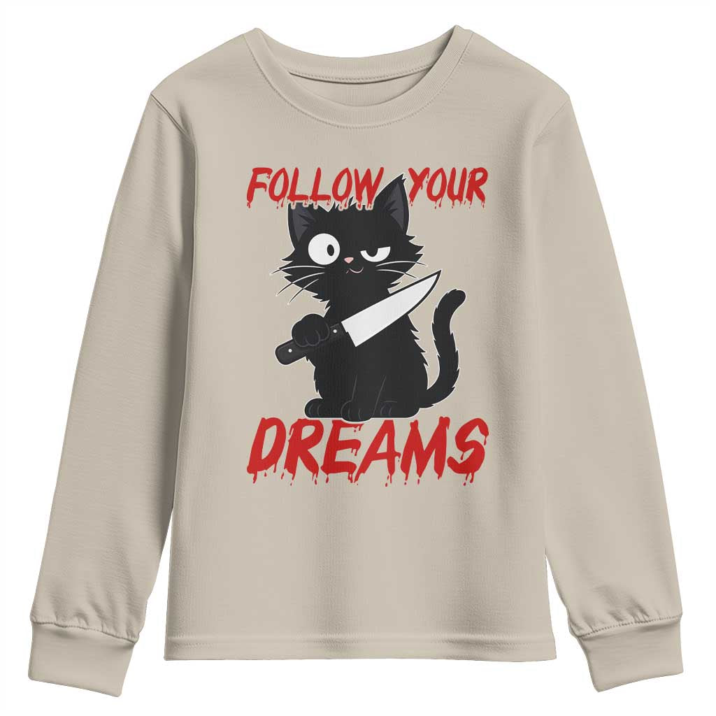 Killer Black Cat Halloween Youth Sweatshirt Follow Your Dreams - Wonder Print Shop