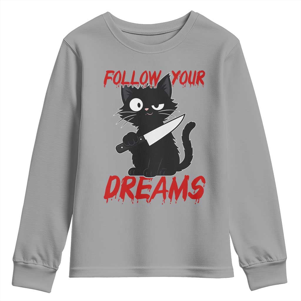 Killer Black Cat Halloween Youth Sweatshirt Follow Your Dreams - Wonder Print Shop