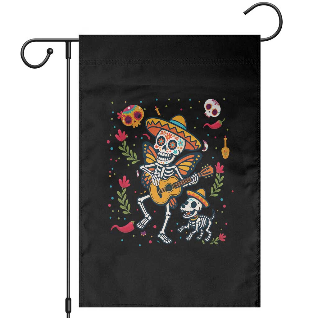 Day Of The Dead Skeleton Garden Flag Playing Guitar With Dog Mexican Festival - Wonder Print Shop
