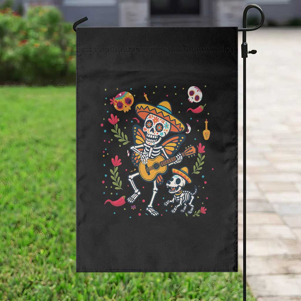 Day Of The Dead Skeleton Garden Flag Playing Guitar With Dog Mexican Festival - Wonder Print Shop