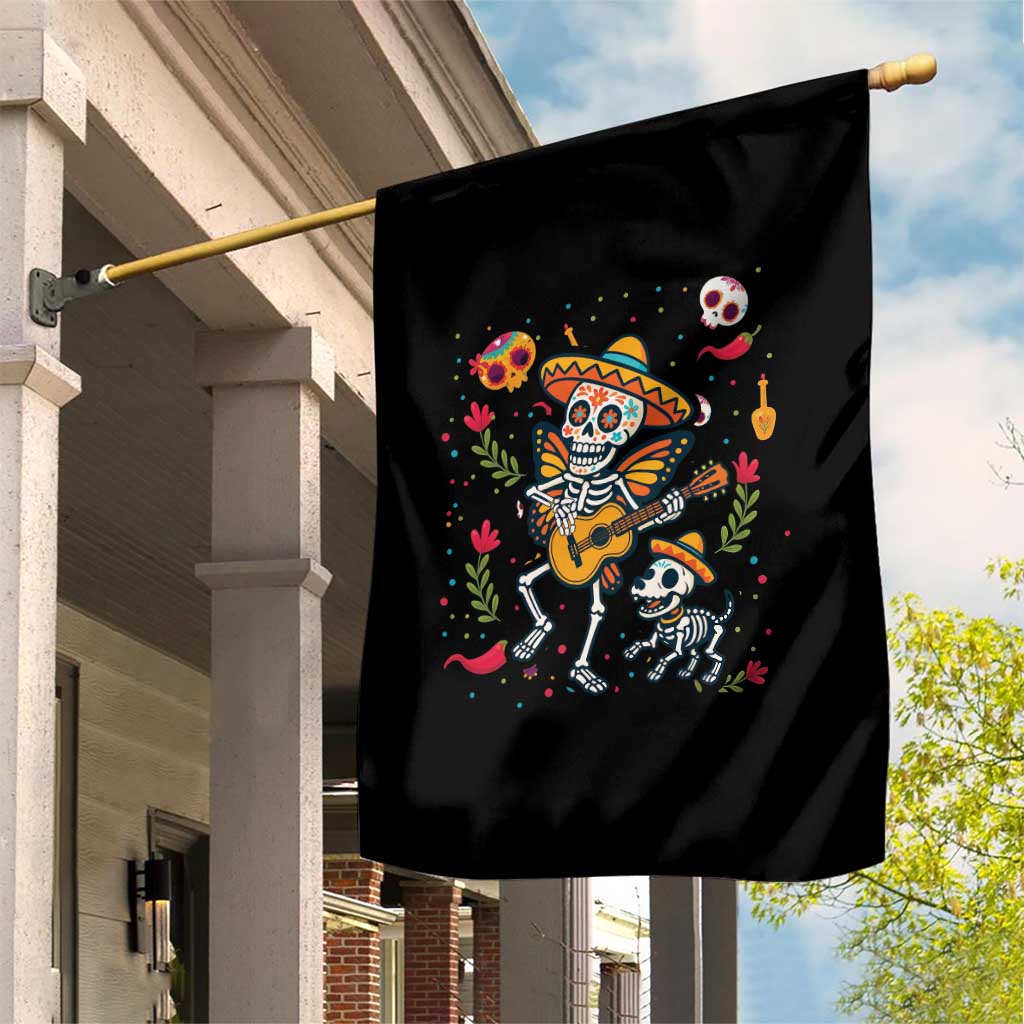 Day Of The Dead Skeleton Garden Flag Playing Guitar With Dog Mexican Festival - Wonder Print Shop