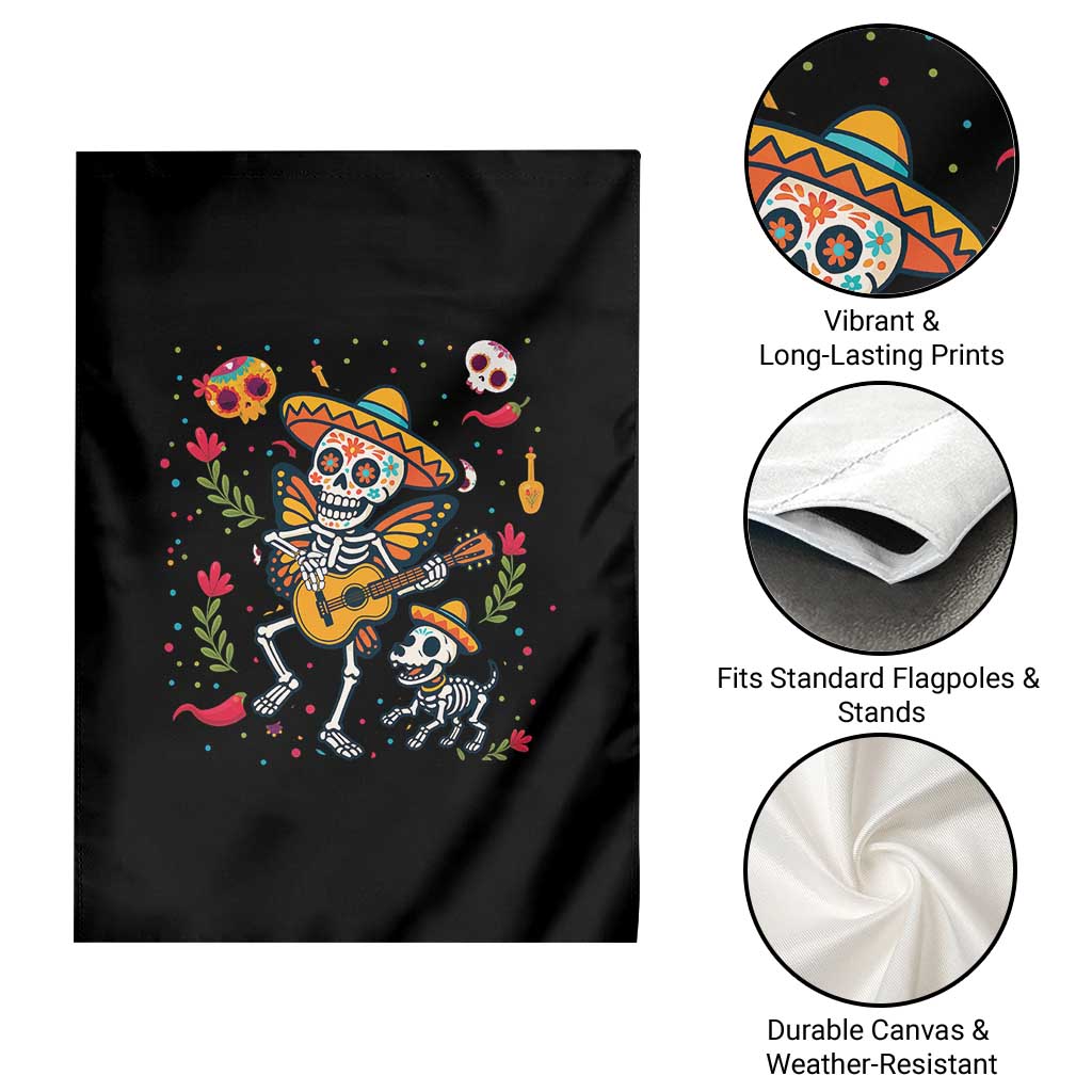 Day Of The Dead Skeleton Garden Flag Playing Guitar With Dog Mexican Festival - Wonder Print Shop