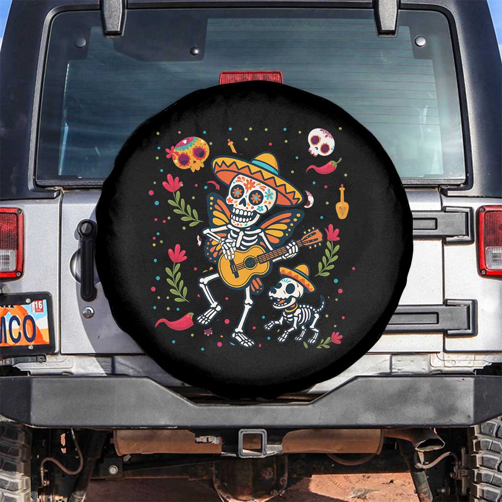 Day Of The Dead Skeleton Spare Tire Cover Playing Guitar With Dog Mexican Festival - Wonder Print Shop