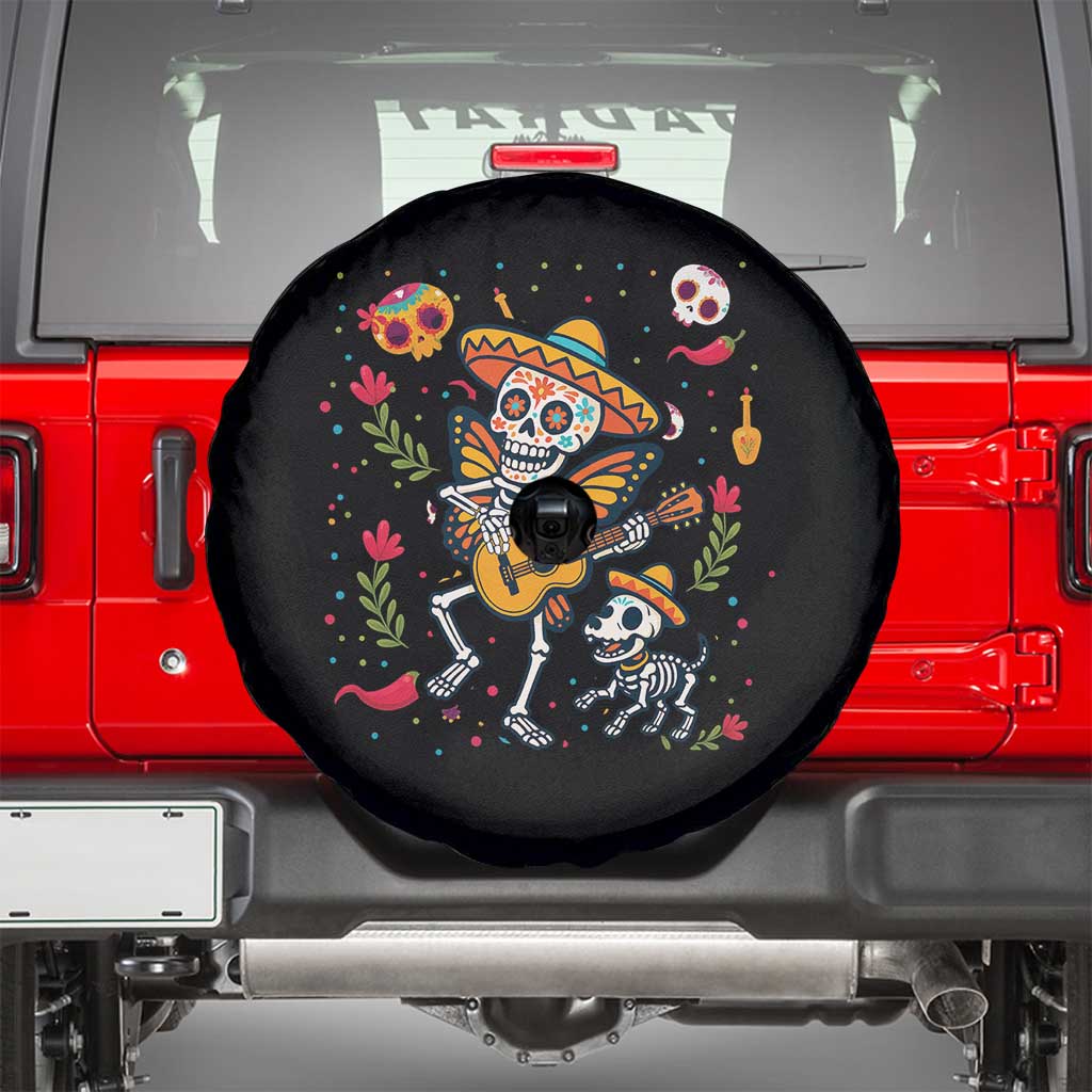 Day Of The Dead Skeleton Spare Tire Cover Playing Guitar With Dog Mexican Festival - Wonder Print Shop