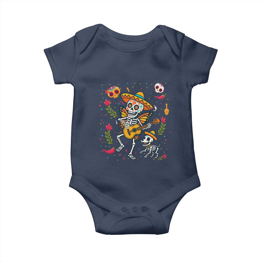 Day Of The Dead Skeleton Baby Onesie Playing Guitar With Dog Mexican Festival - Wonder Print Shop